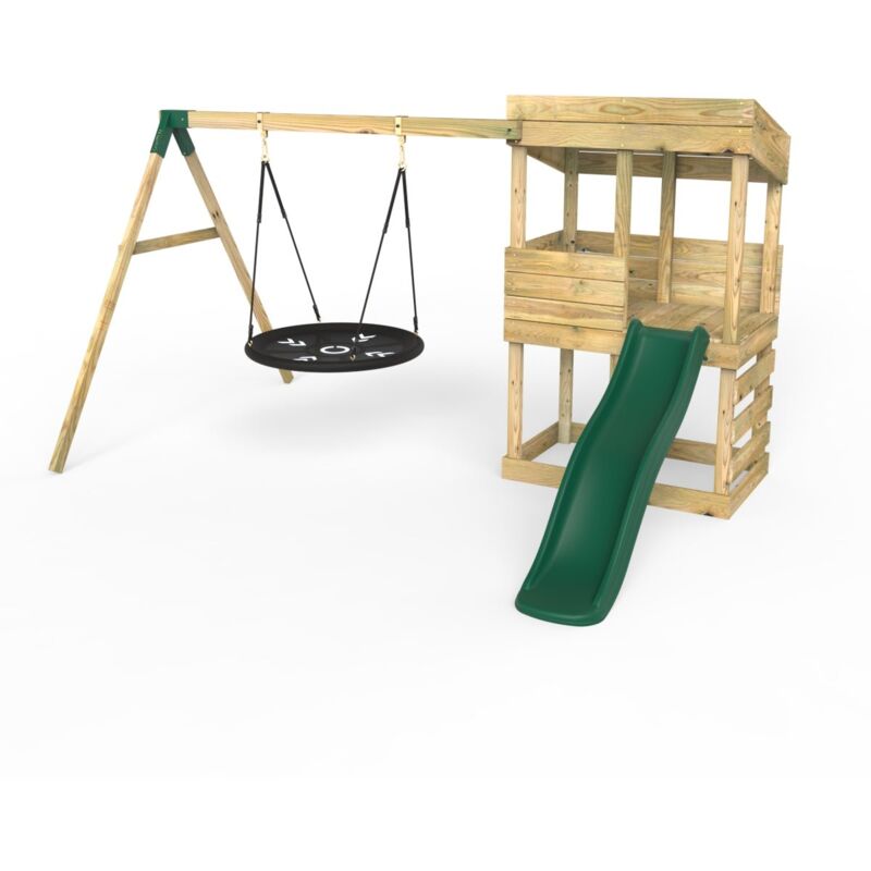 Rebo - Wooden Lookout Tower Playhouse with 6ft Slide & Swing - Redwood