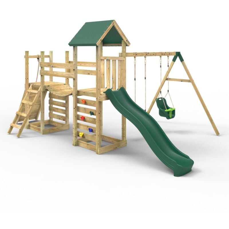 Rebo - Double Tower Climbing Frame with Flexible Bridge, Swing & Slide - Rainier