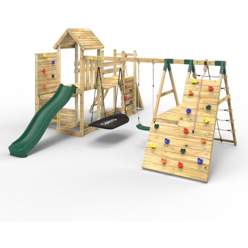 Rebo - Double Tower Climbing Frame with Flexible Bridge, Swing & Slide - Montana