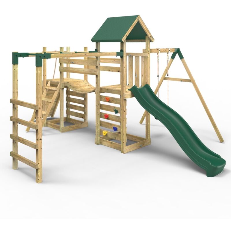 Rebo - Double Tower Climbing Frame with Flexible Bridge, Swing & Slide - Arvon