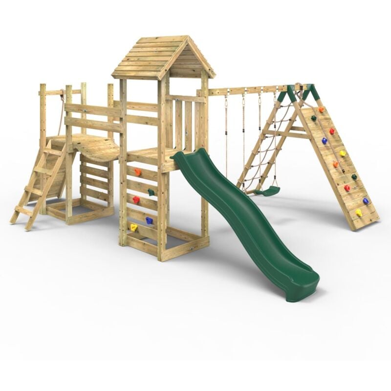 Rebo - Double Tower Climbing Frame with Flexible Bridge, Swing & Slide - Greenhorn