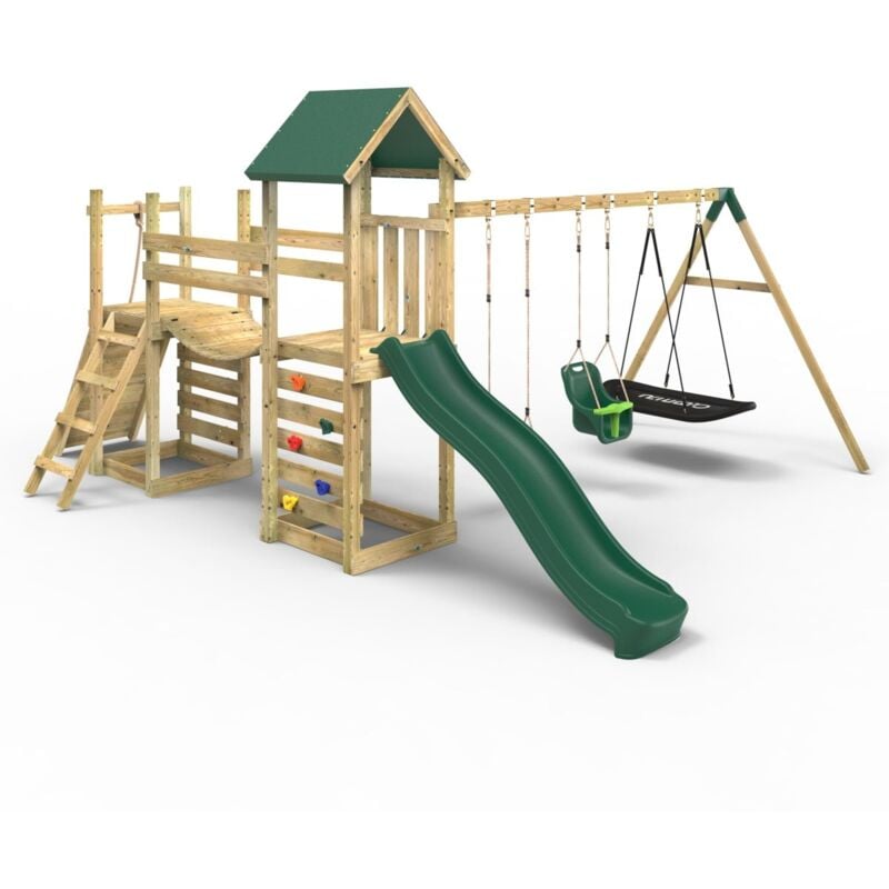 Rebo - Double Tower Climbing Frame with Flexible Bridge, Swing & Slide - Snowdon