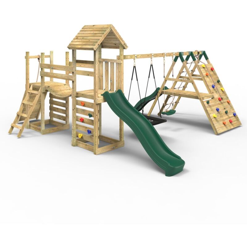 Rebo - Double Tower Climbing Frame with Flexible Bridge, Swing & Slide - San Luis