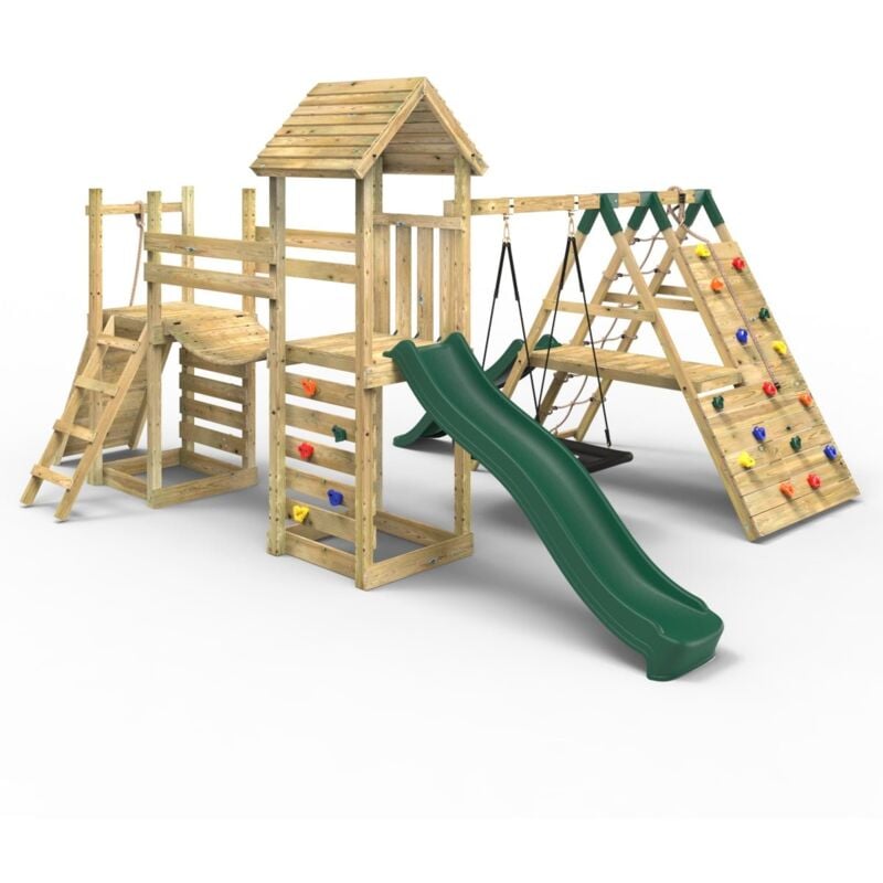 Rebo - Double Tower Climbing Frame with Flexible Bridge, Swing & Slide - Crestone