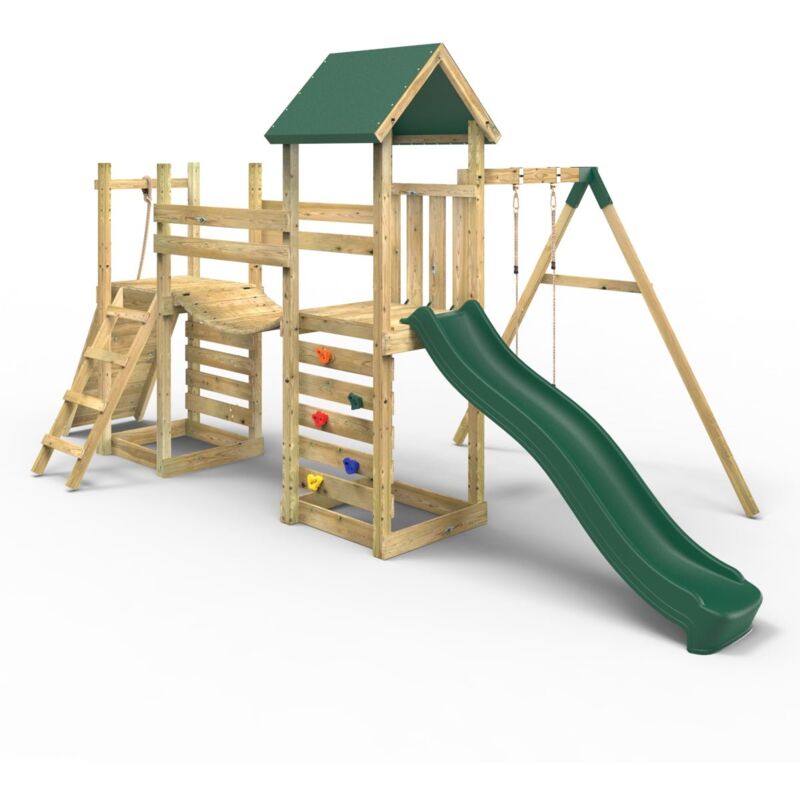 Rebo - Double Tower Climbing Frame with Flexible Bridge, Swing & Slide - Rushmore