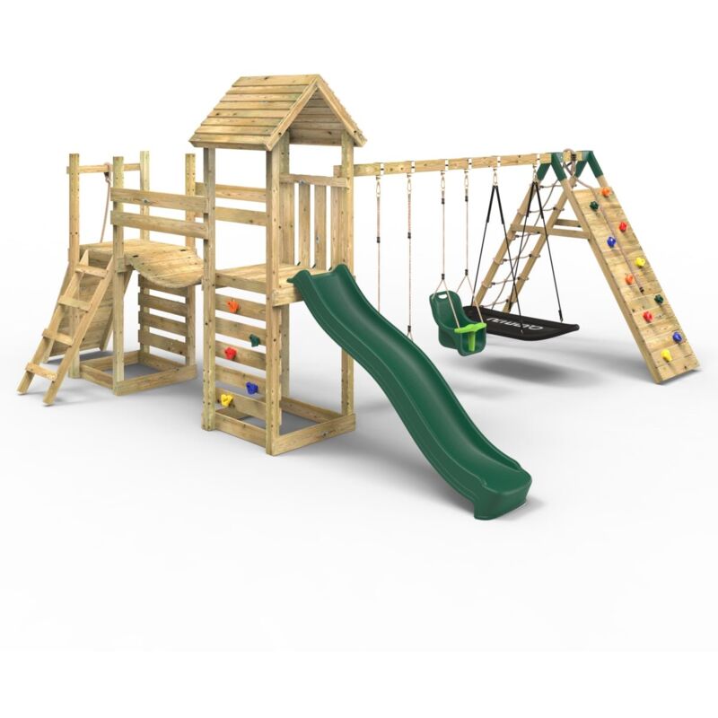 Rebo - Double Tower Climbing Frame with Flexible Bridge, Swing & Slide - Sanford