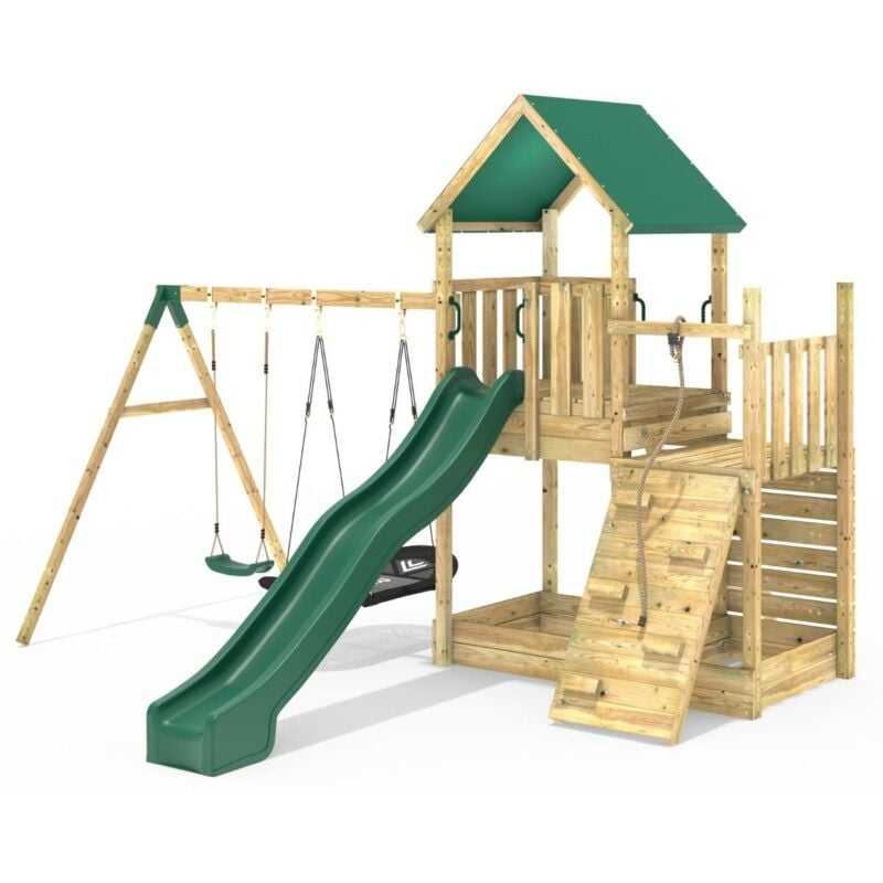 Modular Wooden Climbing Frame Adventure Playset - M3 plus Ramp & Double Swing - Rebo