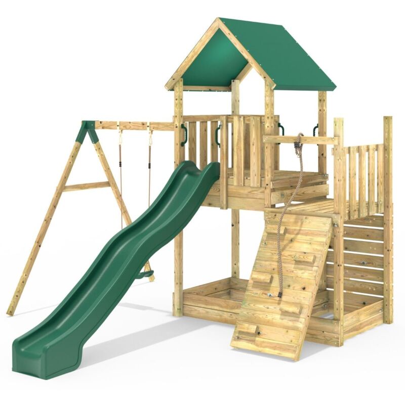 Modular Wooden Climbing Frame Adventure Playset - M3 plus Ramp & Single Swing - Rebo