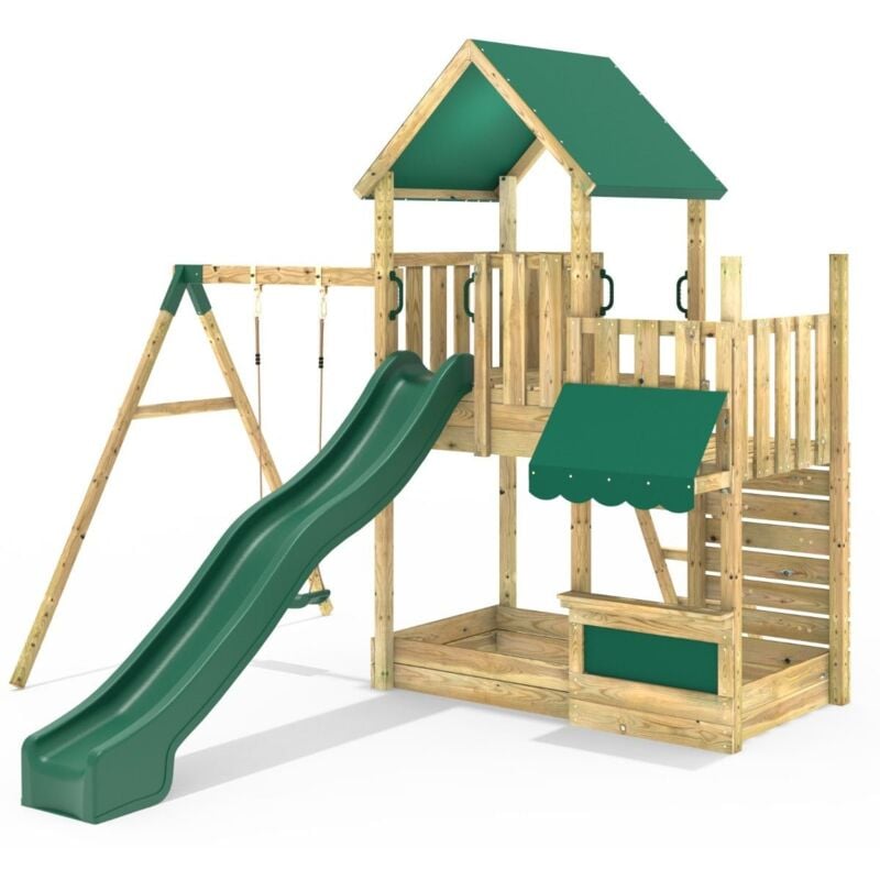 Rebo - Modular Wooden Climbing Frame Adventure Playset - M3 plus Shop & Single Swing