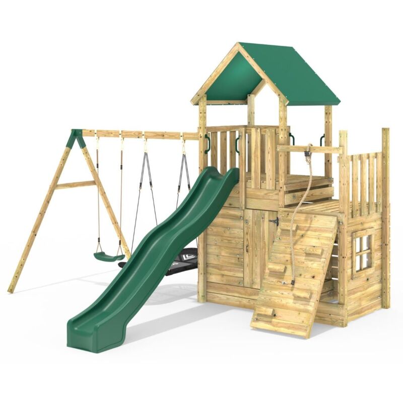 Rebo - Modular Wooden Climbing Frame Adventure Playset - M8 plus Ramp & Double Swing