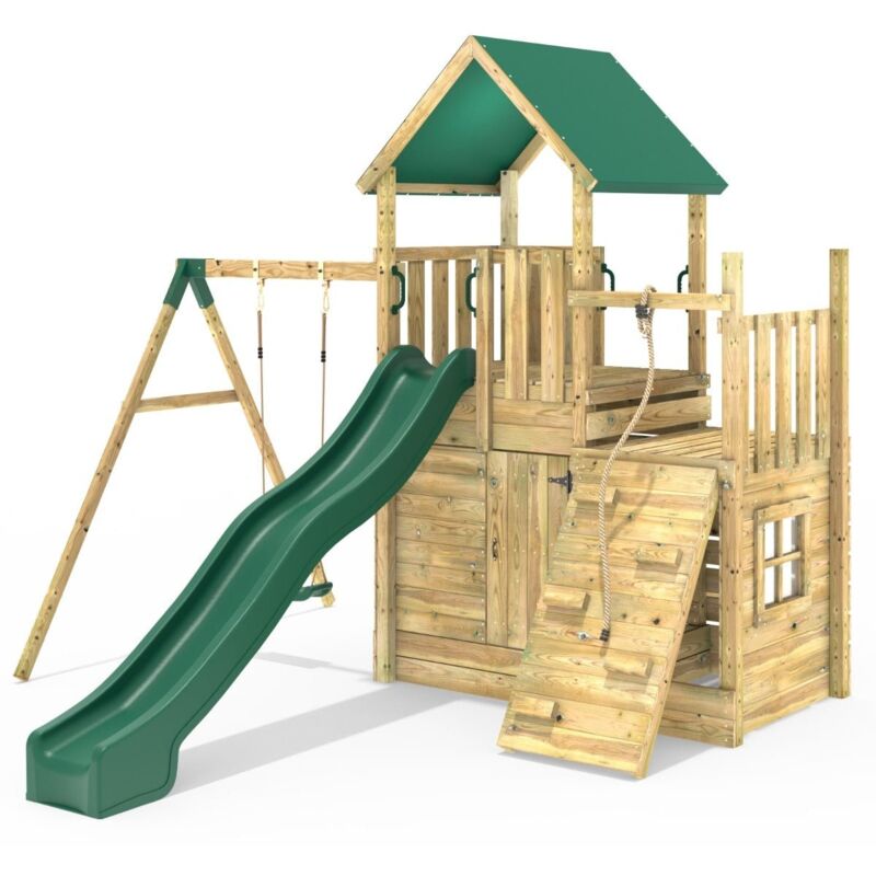 Rebo Modular Wooden Climbing Frame Adventure Playset - M8 plus Ramp & Single Swing