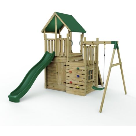 Rebo Modular Wooden Climbing Frame Adventure Playset - M8 plus Ramp & Single Swing