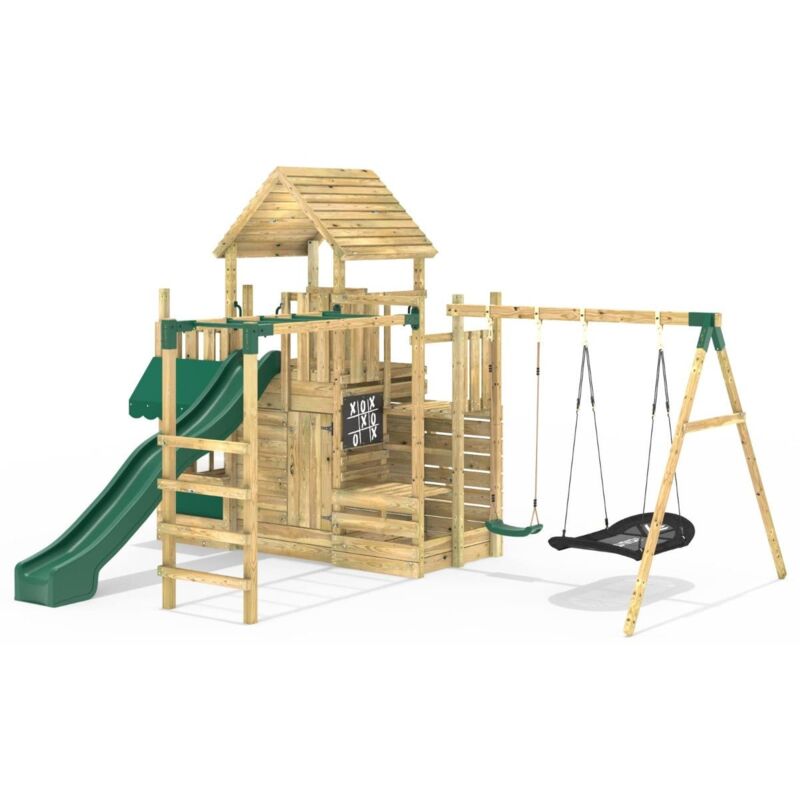 Rebo Modular Wooden Climbing Frame Playset - M25 Swings, Monkey Bars & Den