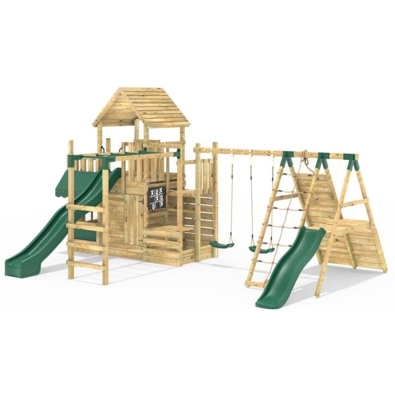 Rebo - Modular Wooden Climbing Frame Playset - M27 Double Swing, Monkey Bars & Den