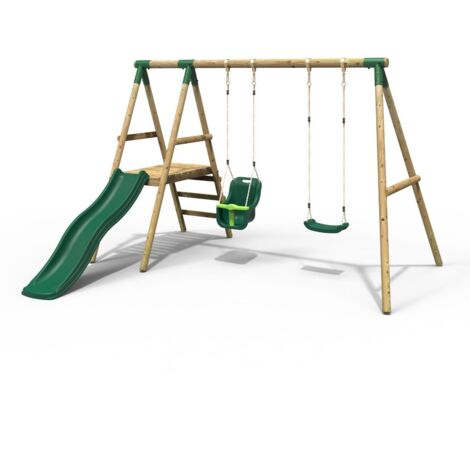 Rebo Odyssey Wooden Garden Swing Set with Standard Seat, Baby Seat, Platform and Slide - Green