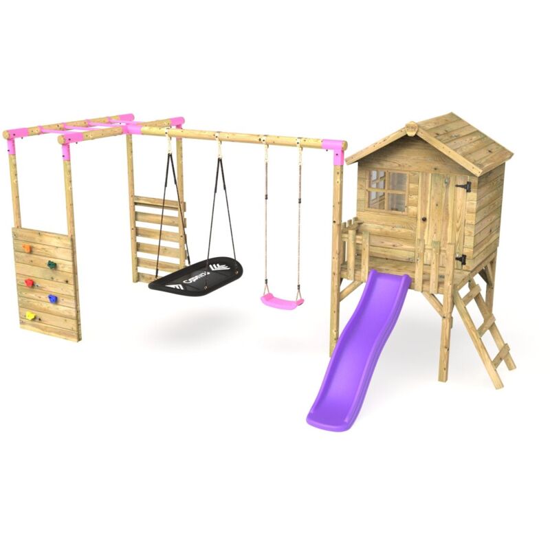 Rebo - Orchard 4ft Wooden Children's Playhouse, Swings, Monkey Bars, Deck & 6ft Slide - Double Swing - Sage Purple