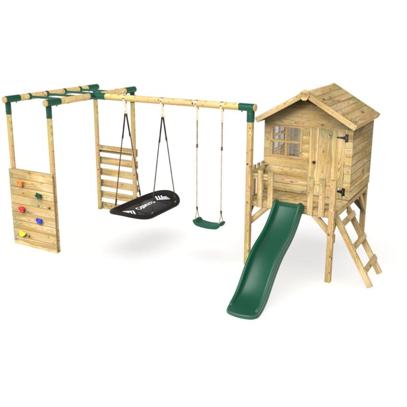 Rebo Orchard 4ft Wooden Children's Playhouse, Swings, Monkey Bars, Deck & 6ft Slide - Double Swing - Sage Green