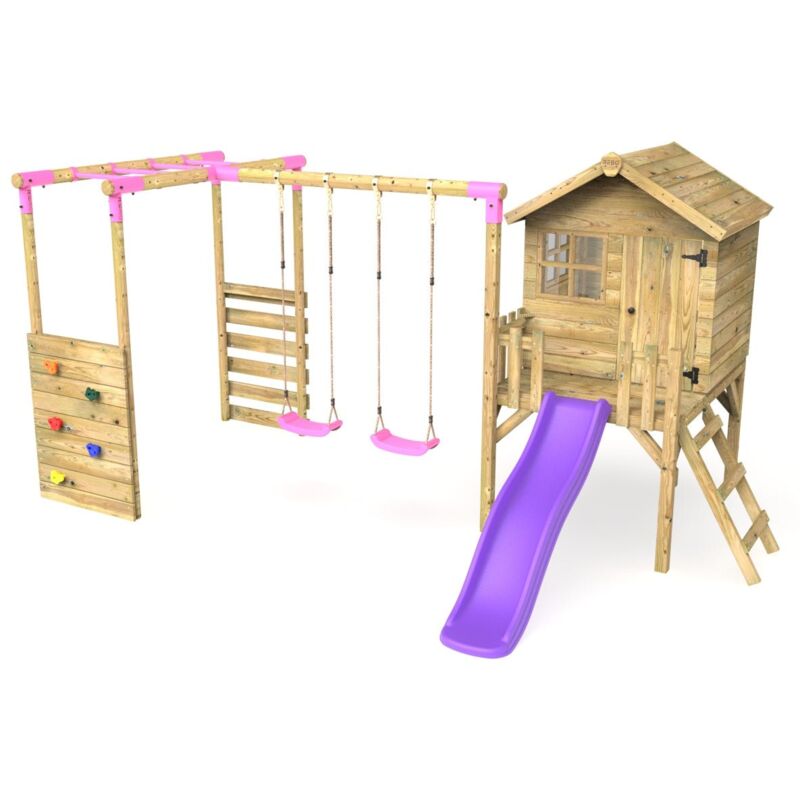 Rebo - Orchard 4ft Wooden Children's Playhouse, Swings, Monkey Bars, Deck & 6ft Slide - Double Swing - Venus Purple