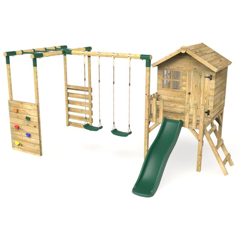 Rebo - Orchard 4ft Wooden Children's Playhouse, Swings, Monkey Bars, Deck & 6ft Slide - Double Swing - Venus Green