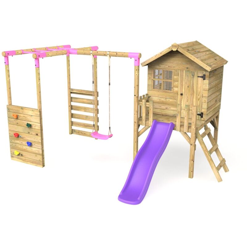 Rebo - Orchard 4ft Wooden Children's Playhouse, Swings, Monkey Bars, Deck & 6ft Slide - Single Swing - Solar Purple