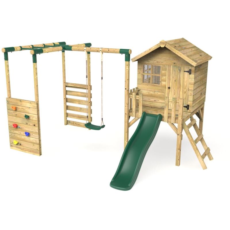 Rebo - Orchard 4ft Wooden Children's Playhouse, Swings, Monkey Bars, Deck & 6ft Slide - Single Swing - Solar Green