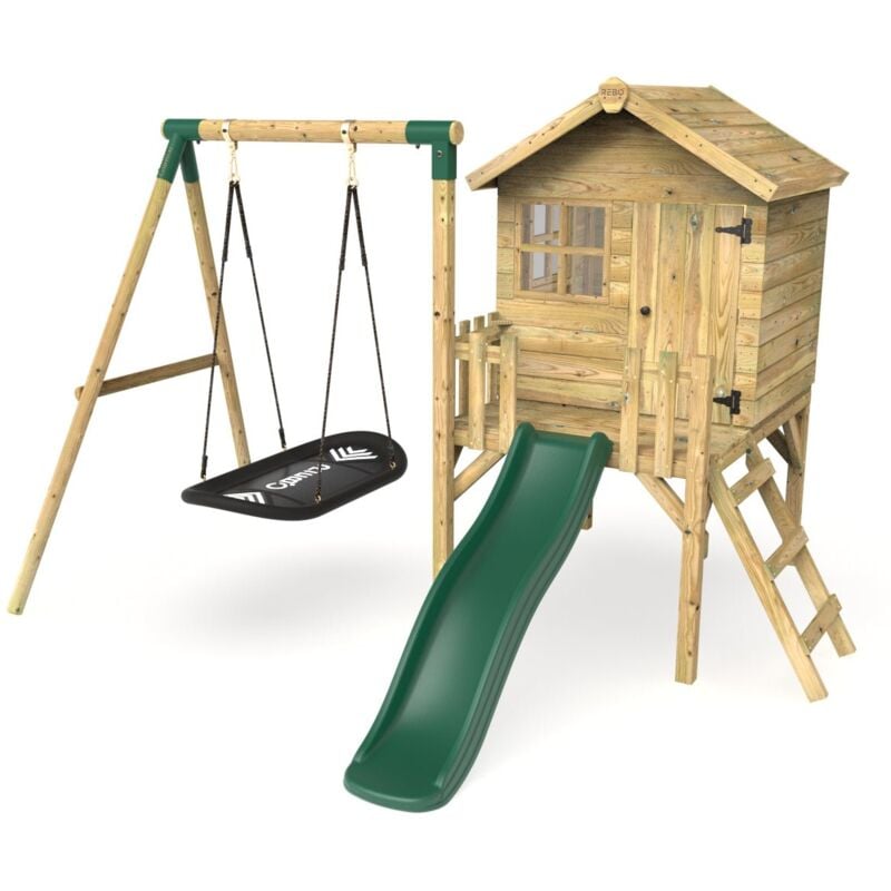 Rebo - Orchard 4ft x 4ft Wooden Playhouse with Boat Swing, 900mm Deck and 6ft Slide - Boat Green