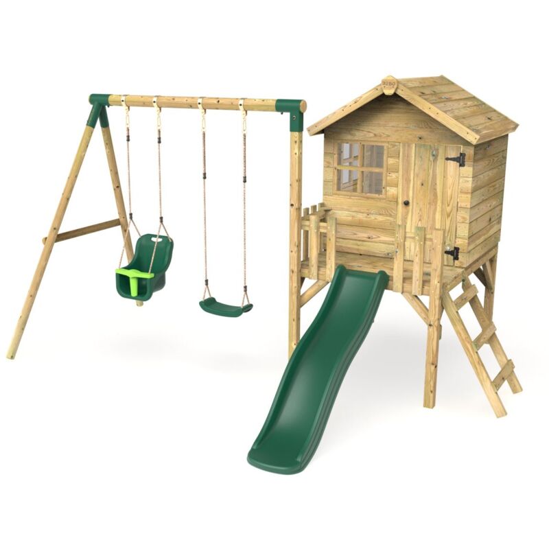 Rebo - Orchard 4ft x 4ft Wooden Playhouse with Standard Swing, Baby Swing, 900mm Deck and 6ft Slide - Luna Green