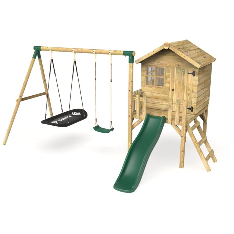 Rebo - Orchard 4ft x 4ft Wooden Playhouse with Standard Swing, Boat Swing, 900mm Deck and 6ft Slide - Sage Green