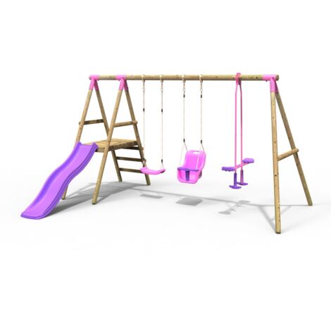 Rebo Voyager Wooden Garden Swing Set with Standard Seat, Baby Seat, Glider, Platform and Slide - Pink