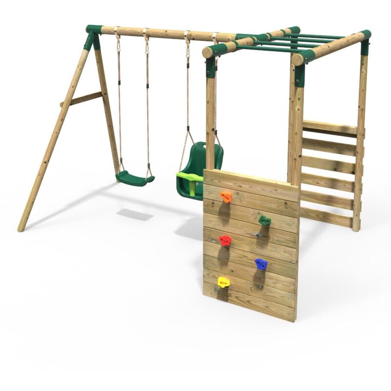 Rebo Wooden Children's Garden Swing Set with Monkey Bars - Double Swing - Luna Green