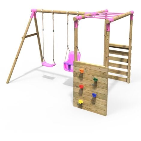 Rebo Wooden Children's Garden Swing Set with Monkey Bars - Double Swing - Luna Pink