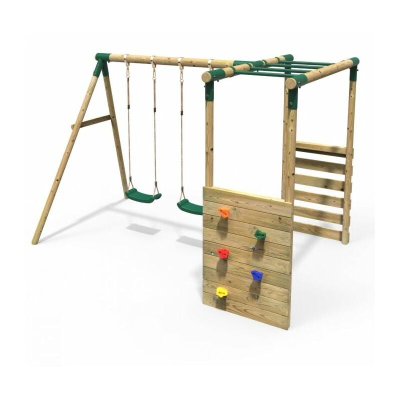 Rebo Wooden Children's Garden Swing Set with Monkey Bars - Double Swing - Venus Green