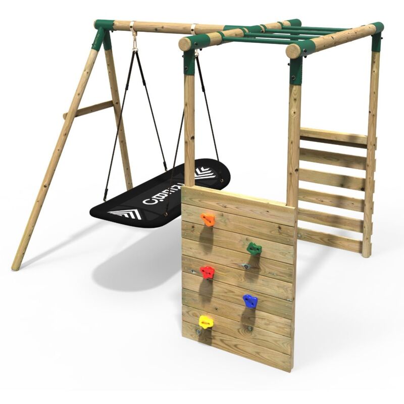 Rebo - Wooden Children's Garden Swing Set with Monkey Bars - Single Boat Swing - Green