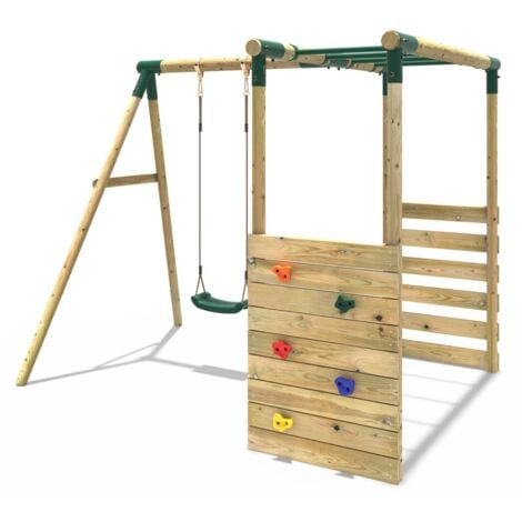 Rebo Wooden Children's Garden Swing Set with Monkey Bars - Single Swing - Solar Green