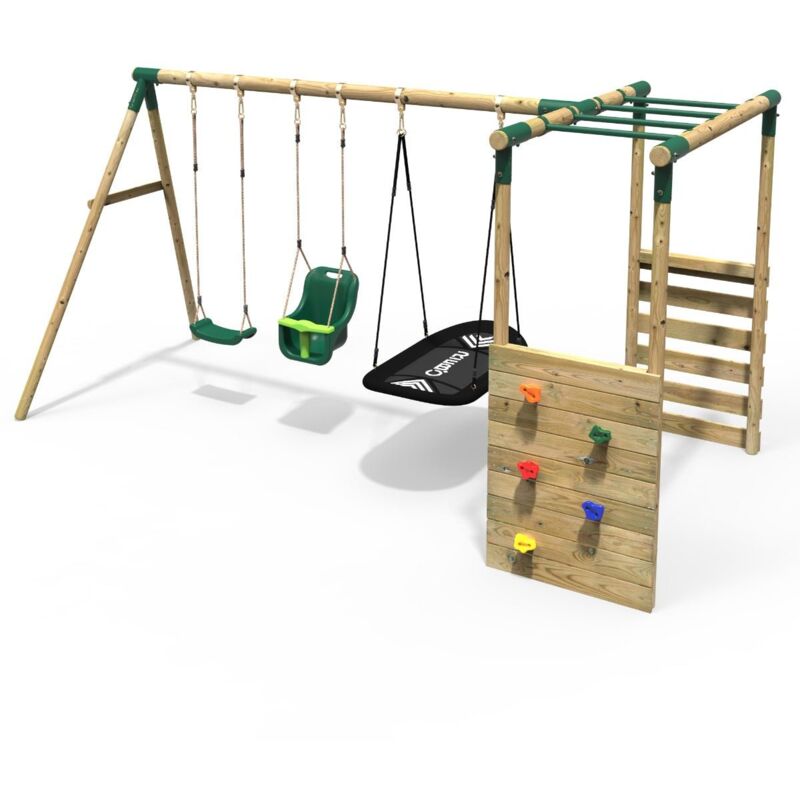 Rebo - Wooden Children's Garden Swing Set with Monkey Bars - Triple Swing - Halley Green