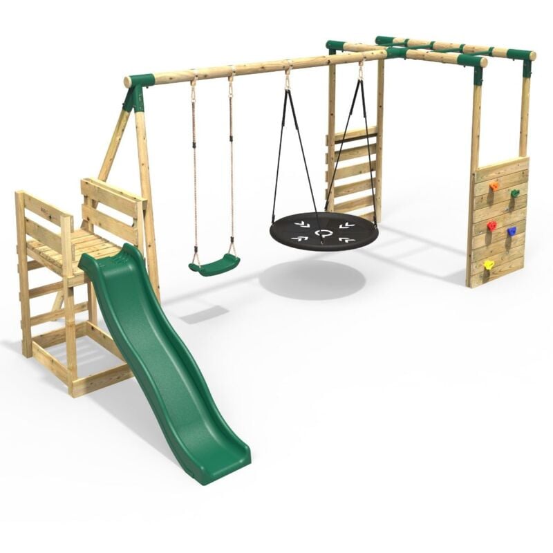 Rebo - Wooden Children's Swing Set with Monkey Bars plus Deck & 6ft Slide - Double Swing - Meteorite Green