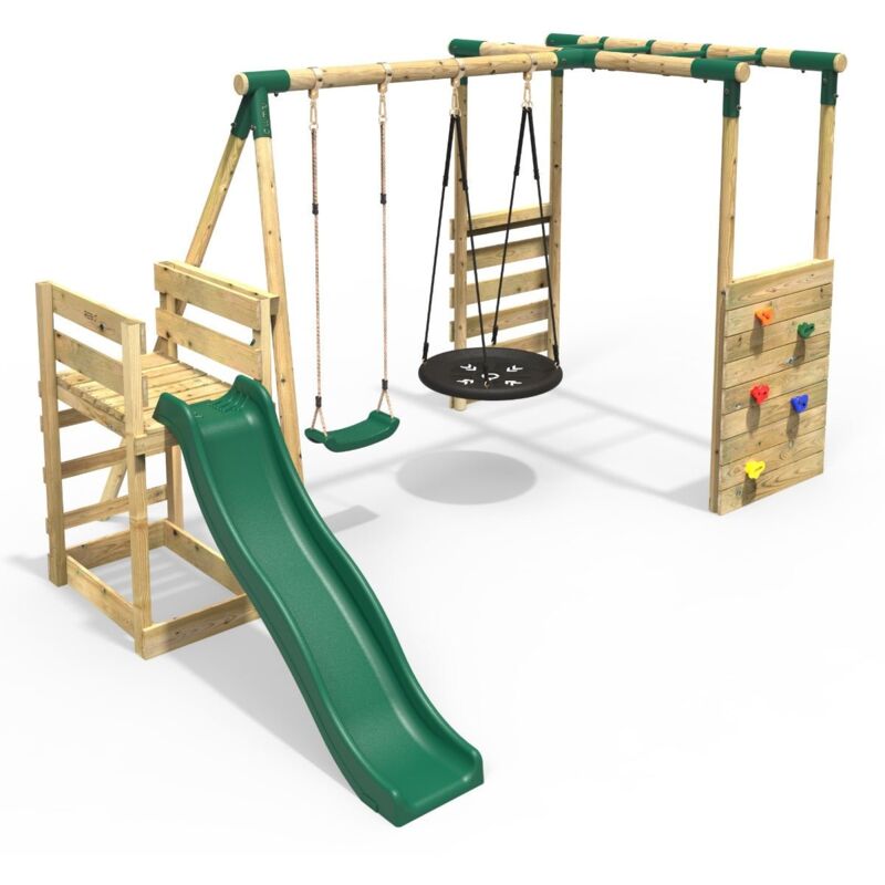 Rebo - Wooden Children's Swing Set with Monkey Bars plus Deck & 6ft Slide - Double Swing - Satellite Green