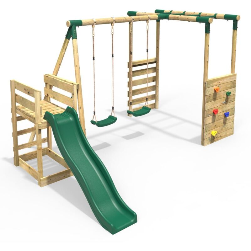 Rebo - Wooden Children's Swing Set with Monkey Bars plus Deck & 6ft Slide - Double Swing - Venus Green