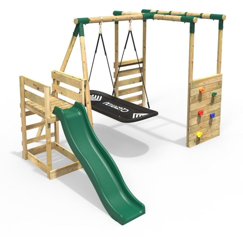 Rebo - Wooden Children's Swing Set with Monkey Bars plus Deck & 6ft Slide - Single Boat Swing - Green