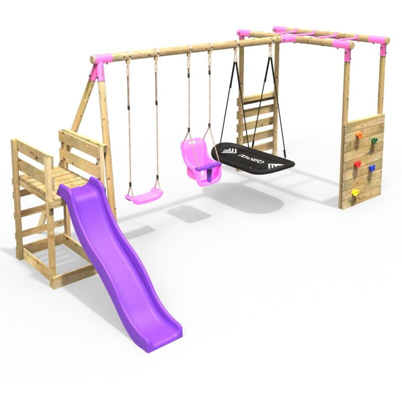 Wooden Children's Swing Set with Monkey Bars plus Deck & 6ft Slide - Triple Swing - Halley Pink - Rebo