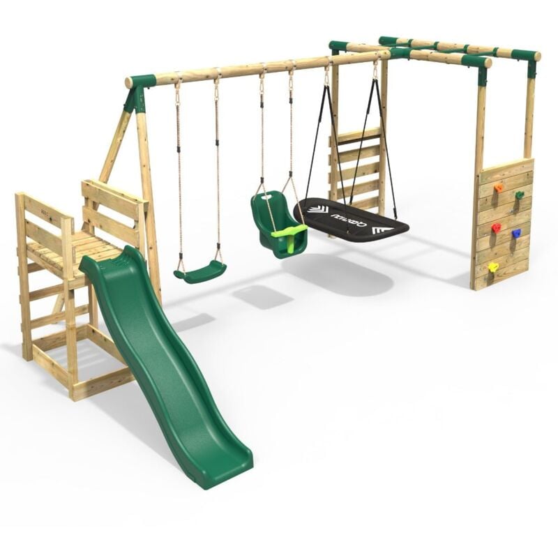 Rebo Wooden Children's Swing Set with Monkey Bars plus Deck & 6ft Slide - Triple Swing - Halley Green