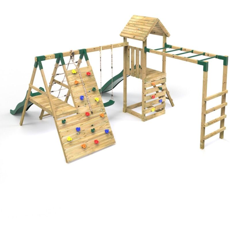 Rebo - Wooden Climbing Frame with Swings, 2 Slides, Up & over Climbing wall and Monkey Bars - Brecon