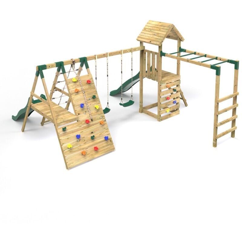 Rebo - Wooden Climbing Frame with Swings, 2 Slides, Up & over Climbing wall and Monkey Bars - Pennine