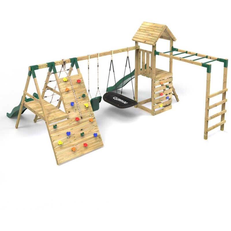 Rebo - Wooden Climbing Frame with Swings, 2 Slides, Up & over Climbing wall and Monkey Bars - Cairngorm