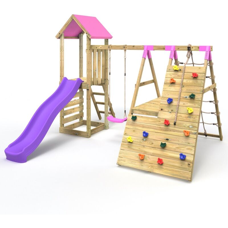 Wooden Climbing Frame with Swings, 6+8FT Slides & Climbing Wall - Alverstone Pink - Rebo