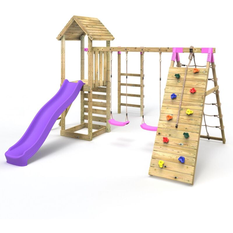 Wooden Climbing Frame with Swings, Slide, Up & over Climbing wall and Monkey Bars - Dolomite Pink - Rebo