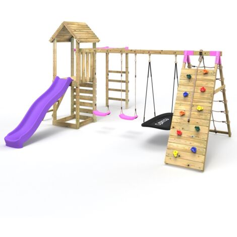 Rebo Wooden Climbing Frame with Swings, Slide, Up & over Climbing wall and Monkey Bars - Pyrennes Pink
