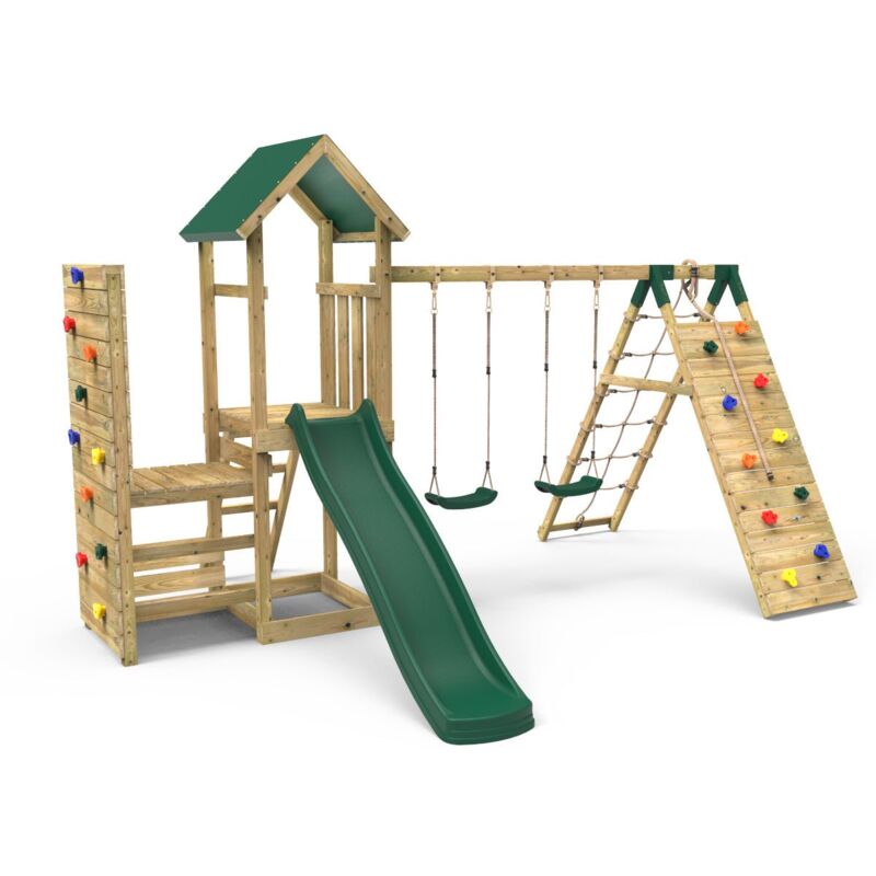 Wooden Climbing Frame with Vertical Rock Wall, Swing Set and Slide - Greenhorn+ - Rebo