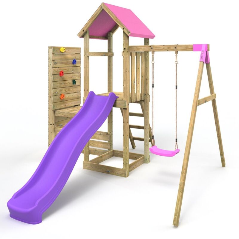 Rebo - Wooden Climbing Frame with Vertical Rock Wall, Swing Set and Slide - Rushmore+ Pink