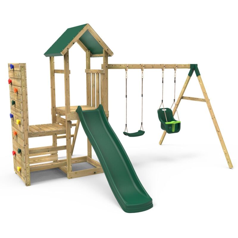 Wooden Climbing Frame with Vertical Rock Wall, Swing Set and Slide - Rainier+ - Rebo